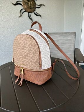 Michael Kors Rhea Zip Two-Tone Signature Medium Backpack with Gold Hardware
